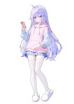  1girl absurdres ahoge azur_lane blue_skirt cellphone highres holding holding_phone hood hoodie legs long_hair miniskirt phone pink_hoodie pink_ribbon purple_eyes purple_hair ribbon simple_background skirt slippers solo thigh_gap thighhighs unicorn_(azur_lane) white_background white_slippers white_thighhighs zuu_(qq770463651) 