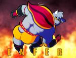 anthro belt big_butt bovid butt cape caprine clothing enfer_belial fur goat grey_body grey_fur hi_res horn kings_of_hell male mammal muscular muscular_anthro muscular_male possbooty red_eyes solo speedo swimwear wrestler yellow_sclera