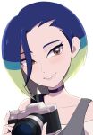  1girl black_choker blue_hair brown_eyes camera choker collarbone commentary_request eyelashes grey_vest grin happy highres holding holding_camera loose_hair_strand nakikot_t off-shoulder_shirt off_shoulder perrin_(pokemon) pokemon pokemon_sv shirt simple_background smile solo teeth upper_body vest white_background white_shirt 