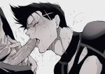  2boys barou_shouei blue_lock chuma_a_a clothes_pull erection fellatio greyscale highres licking licking_penis male_focus male_pubic_hair monochrome multiple_boys nagi_seishirou oral pants pants_pull penis pubic_hair red_eyes saliva short_hair simple_background spot_color tongue tongue_out veins veiny_penis yaoi 
