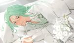  1boy :d blush bouquet coat collarbone_peek cove_holden flower flower_pin green_eyes green_hair green_shirt grin hair_between_eyes hair_flowing_over hair_over_shoulder leaning_on_self long_hair looking_at_viewer loose_hair_strand lying male_focus on_bed on_side our_life:_beginnings_and_always ryuuieu shirt smile solo sunlight swept_bangs tuxedo upper_body variant_set white_background white_coat 