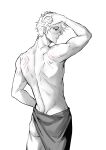  1boy ass back back_focus bite_mark bite_mark_on_shoulder blue_lock chuma_a_a cowboy_shot greyscale hand_on_own_head highres male_focus monochrome nagi_seishirou scratches short_hair solo spot_color thighs toned toned_male 