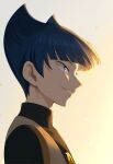  1boy black_shirt blue_eyes blue_hair from_side grey_vest grin highres logo male_focus nakikot_t outdoors pokemon pokemon_dppt saturn_(pokemon) shirt short_hair smile solo team_galactic team_galactic_uniform teeth upper_body vest 