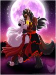  2019 anthro breasts canid canine canis clothing dancing demon domestic_dog dress facial_hair fangs female german_shepherd gloves glowing goatee handwear herding_dog horn husky leggings legwear male mammal mark_haynes moon muscular muscular_male night nordic_sled_dog pastoral_dog paws size_difference smaller_female spitz star yasha_(rukaisho) zayne_kingsley 