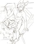 2010 anthro balls black_and_white building canid canine city destruction erection fox fox_tail fur genitals hi_res humanoid_genitalia humanoid_penis jeri_kleinlowe licking licking_lips looking_offscreen macro macro_anthro male mammal monochrome nipples nude_macro nude_male penis sketch smile solo standing street tail teeth tongue tongue_out