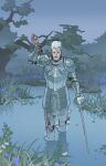  1boy armor blood_on_armor crying crying_with_eyes_open faulds flower gauntlets highres holding holding_limb holding_sword holding_weapon jean_pierre_polnareff jojo_no_kimyou_na_bouken lake moonnacorn pauldrons plate_armour rapier severed_hand shoulder_armor sword tears tree wading weapon white_hair 