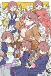  1girl :d :o ^_^ apron bad_food bag blue_jacket blue_skirt blush_stickers brown_coat brown_eyes brown_hair card closed_eyes coat colored_inner_hair commentary flower fur-trimmed_coat fur_trim glasses highres jacket ladle lily_(flower) long_hair long_skirt long_sleeves low_twintails maid multicolored_hair multiple_views murosaki_miyo onii-chan_wa_oshimai! open_mouth pants pleated_skirt rectangular_eyewear red_eyes red_jacket red_pants ribbed_sweater school_uniform semi-rimless_eyewear shirt shoulder_bag skirt smile suspender_skirt suspenders sweater tarot tarot_card track_jacket track_pants twintails two-tone_hair under-rim_eyewear wavy_mouth white_apron white_shirt white_sweater yellow_background yuzuponzup 