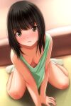  1girl absurdres black_hair blush breasts brown_eyes commentary_request dress full_body green_dress highres looking_at_viewer matsunaga_kouyou medium_hair nose_blush open_mouth original sitting socks solo wariza white_socks 