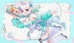  1girl :3 absurdres ahoge aki_hoshino animal_ears apron aqua_dress aqua_hair aqua_nails aqua_sleeves artist_name ass bare_shoulders blue_bow blue_choker blue_eyes blush bow cat_ears cat_girl cat_tail choker colored_inner_animal_ears commentary detached_sleeves dot_nose dress fang fishnet_socks fishnets ghost grey_hair hair_bow hair_ornament heart heart_hair_ornament heart_o-ring highres holding holding_tray indie_virtual_youtuber kemonomimi_mode long_sleeves looking_at_viewer loose_socks maid maid_headdress medium_hair mint_fantome mole mole_on_thigh multicolored_hair nail_polish o-ring o-ring_choker one_side_up open_mouth plaid_clothes pointy_ears puffy_long_sleeves puffy_sleeves shoes skin_fang skindentation smile socks solo streaked_hair tail thigh_strap tray two-tone_hair unconventional_maid virtual_youtuber white_apron white_shoes white_socks wisps_(mint_fantome) x_hair_ornament 