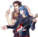  2boys bass_guitar black_nails black_shirt blue_eyes blue_hair brown_eyes brown_hair brown_shirt closed_mouth commentary commentary_request electric_guitar fingernails guitar hair_slicked_back hand_on_another&#039;s_head hand_up highres holding holding_instrument instrument larry_johnson long_hair long_sleeves looking_at_another male_focus medium_hair multiple_boys nail_polish open_mouth pants pointing sal_fisher sally_face shirt short_sleeves standing t-shirt teeth toned toned_male upper_body white_background white_mask zhuoyi7245 