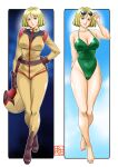  1girl aki_(pixiv_87336387) barefoot belt blonde_hair blue_eyes breasts cleavage full_body gundam helmet highres looking_at_viewer mecha_pilot_suit mobile_suit_gundam sayla_mass short_hair smile solo star_(sky) sunglasses swimsuit 