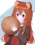  1girl animal_ear_fluff animal_ears artist_name ball blue_background brown_dress brown_hair child closed_mouth collar commentary_request dress dutch_angle grey_dress hair_between_eyes hands_up highres holding holding_ball layered_dress light_blush long_hair long_sleeves looking_at_viewer messy_hair metal_collar metal_hair_tubes metal_wrist_cuffs nato_875434 pink_eyes raccoon_ears raccoon_girl raphtalia red_dress short_sleeves signature smile solo striped_clothes striped_dress tate_no_yuusha_no_nariagari two-tone_background two-tone_dress upper_body vertical-striped_clothes vertical-striped_dress white_background 
