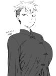  1girl black_shirt breasts collared_shirt dated greyscale large_breasts looking_at_viewer monochrome original shirt short_hair signature simple_background tomboy tsukudani_(coke-buta) upper_body very_short_hair white_background 