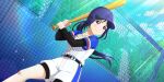  1girl anime_coloring baseball baseball_bat baseball_helmet baseball_jersey baseball_uniform batting_stance belt belt_buckle bike_shorts black_belt black_undershirt blue_hair blue_hat blush buckle chain-link_fence closed_mouth cloud cowboy_shot day dutch_angle fence from_below hands_up hat helmet highres holding holding_baseball_bat jersey lens_flare long_hair looking_afar love_live! love_live!_school_idol_festival_all_stars love_live!_sunshine!! matsuura_kanan official_art outdoors playing_sports ponytail purple_eyes shirt shirt_under_shirt short_sleeves shorts sky smile solo sportswear standing striped_clothes striped_shirt sunlight tree undershirt v-shaped_eyebrows vertical-striped_clothes vertical-striped_shirt white_shirt white_shorts 