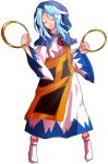  1girl alphes_(style) blue_hair blue_hood clenched_hands closed_eyes commentary_request dairi dress frills full_body hands_up holding hood hood_up hoop jewelry kesa kumoi_ichirin large_variant_set long_hair long_sleeves multicolored_dress necklace open_mouth parody pendant smile socks solo standing style_parody tachi-e touhou transparent_background variant_set wide_sleeves 