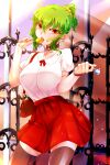  1girl absurdres alternate_costume bag bell black_choker black_thighhighs blush breasts candy cat_earrings choker cleavage collarbone collared_shirt colored_tongue commentary_request cowboy_shot earrings fence food green_eyes green_hair hair_between_eyes hair_ornament hair_scrunchie handbag high_ponytail highres holding holding_candy holding_food holding_lollipop iron_fence itocoh jewelry kazami_yuuka large_breasts licking lollipop medium_hair messy_hair miniskirt neck_bell open_mouth outdoors ponytail red_bag red_eyes red_skirt school_uniform scrunchie shirt shirt_tucked_in short_ponytail short_sleeves skindentation skirt solo standing standing_on_one_leg thighhighs touhou white_shirt wrapped_lollipop yellow_scrunchie zettai_ryouiki 