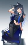  1girl absurdres alternate_costume animal_ears arknights arm_behind_head bare_arms bare_shoulders black_background black_hair black_pantyhose black_shoes blue_necktie breasts chair chinese_commentary closed_mouth collared_shirt commentary_request crop_top cropped_shirt dong_tsugumi english_commentary gradient_background grey_eyes hair_between_eyes high_heels highres large_breasts long_hair looking_at_viewer midriff mixed-language_commentary multicolored_hair navel necktie on_chair pantyhose pantyhose_under_shorts shirt shoes short_shorts shorts simple_background sleeveless sleeveless_shirt solo standing standing_on_chair sword tail texas_(arknights) texas_the_omertosa_(arknights) two-tone_hair weapon white_background white_hair white_shirt wolf_ears wolf_girl wolf_tail 