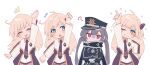  4girls ? black_coat black_gloves black_hat blonde_hair blue_eyes blush clone closed_eyes coat commentary_request crossed_arms emptyayya flying_sweatdrops gloves hat highres index_finger_raised jacket long_hair multiple_girls one_eye_closed open_mouth pink_eyes simple_background skirt sky_striker_ace_-_raye sky_striker_ace_-_roze smile sparkle white_background white_jacket white_skirt yu-gi-oh! 