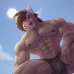 abs anthro arm_on_leg arm_on_thigh beard bent_legs biceps big_muscles bottomwear broad_shoulders brown_body brown_fur brown_hair bulge canid canine canis clothing coyote crouching deltoids detailed_bulge digital_drawing_(artwork) digital_media_(artwork) facial_hair fangs fur genital_outline glare_(lighting) hair hi_res huge_muscles kaioat kneeling leg_muscles long_hair looking_at_viewer looming_over male mammal mohawk muscle_tone muscular muscular_male nipples pecs penis_outline red_eyes rolled_up_pants russell_carmine shirtless shorts simple_background smile smirk solo sun teeth vein veiny_muscles