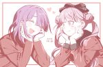  1boy 1girl black_bow black_hairband blush_stickers bow brother_and_sister character_name closed_eyes closed_mouth commentary_request double_bun hair_bow hair_bun hairband hands_on_own_cheeks hands_on_own_face heart highres korean_commentary long_hair long_sleeves medium_hair open_mouth pink_eyes pink_hair purple_hair red_shirt shirt siblings smile the_hundred_line_-last_defense_academy- translated tsukumo_ima tsukumo_kako twins twintails woooouui 