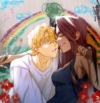  1boy 1girl absurdres alien_stage arm_around_shoulder black_tank_top blonde_hair brown_hair closed_eyes commentary crayon_drawing cup dark-skinned_female dark_skin flower german_commentary highres holding holding_cup hyuna_(alien_stage) long_hair luka_(alien_stage) onemu_0928 red_flower shirt short_hair smile tank_top white_shirt yellow_eyes 