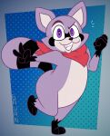 2024 anthro artist_name black_body black_fur black_nose black_tail butt digital_media_(artwork) eyebrows fist fur gavanzude gesture hand_gesture hi_res indigo_park kerchief looking_at_viewer male mammal multicolored_body multicolored_fur procyonid purple_body purple_ears purple_eyes purple_fur purple_tail raccoon raccoon_tail raised_eyebrow raised_leg rambley_raccoon red_kerchief smile solo tail teeth text two_tone_tail v_sign