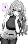  1girl ? adjusting_clothes adjusting_collar arm_behind_back arm_between_breasts between_breasts black_pantyhose black_shirt blush breasts buttons clothes_pull collar_tug commentary_request cowboy_shot highres large_breasts leaning_forward long_hair looking_at_viewer midriff mole mole_on_armpit monochrome navel original pantyhose parted_lips partially_colored purple_eyes shinzousan shirt shirt_pull short_shorts shorts simple_background sleeveless sleeveless_shirt solo sound_effects speech_bubble spoken_question_mark staring thigh_gap thighs turtleneck wavy_hair white_background 