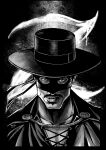  1boy absurdres commentary english_commentary eye_mask facial_hair greyscale hat highres looking_at_viewer male_focus monochrome mustache parted_lips raffide signature solo upper_body zorro zorro_(character) 