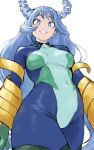  1girl absurdres blue_bodysuit blue_eyes blue_hair bodysuit boku_no_hero_academia breasts drill_hair fengling_(furin-jp) green_bodysuit grin hado_nejire highres large_breasts long_hair looking_at_viewer simple_background smile solo superhero_costume twin_drills white_background 