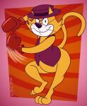 2024 anthro artist_name black_eyes black_nose boxing_gloves butt clothing digital_media_(artwork) domestic_cat felid feline felis frown fur gavanzude handwear hanna-barbera hat headgear headwear hi_res male mammal motion_lines multicolored_body multicolored_fur pose punch purple_clothing purple_hat purple_headwear purple_topwear purple_vest smile solo tail text top_cat top_cat_(series) topwear two_tone_body two_tone_fur two_tone_hat vest whiskers white_body white_fur yellow_body yellow_ears yellow_fur yellow_tail