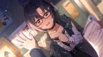  1boy 1girl belt belt_buckle bespectacled black-framed_eyewear black_belt black_choker black_hair blurry blurry_foreground blush buckle choker commentary_request dutch_angle game_cg glasses green_jacket hair_ornament hand_up heart heart_necklace holding holding_paper idolmaster idolmaster_(classic) idolmaster_million_live! idolmaster_million_live!_theater_days indoors jacket jewelry kabedon kikuchi_makoto lens_flare long_sleeves looking_at_viewer lower_teeth_only necklace official_art open_mouth paper pov purple_eyes shirt short_hair skirt sparkle sweatdrop teeth third-party_source x_hair_ornament 