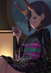  1girl absurdres black_kimono breasts choker eyeliner fate/grand_order fate_(series) grin headpiece highres horn_ornament horn_ring horns japanese_clothes kimono long_sleeves looking_at_viewer makeup obi oni purple_eyes purple_hair sash short_hair shuten_douji_(fate) shuten_douji_(lostroom_outfit)_(fate) skin-covered_horns small_breasts smile solo terasako wide_sleeves 