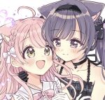  2girls ahoge animal_ear_fluff animal_ears bare_shoulders black_choker black_dress black_gloves black_hair black_hairband blush bow braid bubble cat_ears choker collarbone collared_dress commentary_request dress fushigi_na_neko_no_machi_meltier gloves green_eyes hairband highres long_hair moco_(fushigi_na_neko_no_machi_meltier) multiple_girls pink_bow pink_hair purple_eyes rucora_(fushigi_na_neko_no_machi_meltier) sakura_oriko simple_background single_glove sleeveless sleeveless_dress twintails upper_body white_background white_dress 