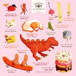  animal_focus artist_name bread cherry closed_mouth crocodilian dinosaur donut dragon english_text food food_focus fried_egg fruit hat hot_dog issiki_toaki mixed-language_text no_humans open_mouth original pink_background sausage simple_background teeth 