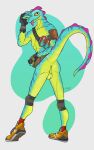 5:8 anthro anus athletic athletic_male backsack balls bandolier blep butt clothing digital_media_(artwork) epic_games exposure_variation fanny_pack fingerless_gloves footwear fortnite genitals gloves green_balls green_body hand_on_face handwear hi_res humanoid_genitalia knee_pads krowbutt lizard lizzik_(fortnite) looking_at_viewer looking_back looking_back_at_viewer male mostly_nude orange_clothing orange_footwear plantigrade raised_heel raised_tail reptile scales scalie shoes simple_background smile smiling_at_viewer solo tail tongue tongue_out