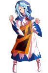  1girl alphes_(style) blue_eyes blue_hair blue_hood clenched_hands closed_mouth commentary_request dairi dress frills full_body hands_up hood hood_up jewelry kesa kumoi_ichirin large_variant_set long_hair long_sleeves looking_to_the_side multicolored_dress necklace parody pendant smile socks solo standing style_parody tachi-e touhou transparent_background variant_set wide_sleeves 
