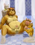 2009 animal_genitalia anthro balls bath bathhouse belly brown_body brown_fur butt claws collar colored domestic_cat eyes_closed feet felid feline felis foot_fetish foot_grab foot_lick foot_play fur genitals green_eyes grey_body grey_fur group half-erect humanoid_genitalia humanoid_penis jeri_kleinlowe kneeling licking lion looking_at_viewer male male/male mammal nipples nude nude_anthro nude_male overweight pantherine partially_submerged penis pink_nipples pink_penis servant sheath sitting size_difference tan_body tan_fur tongue tongue_out trio waterfall yellow_collar