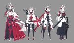  1girl 4girls absurdres animal_ears armor black_shorts fox_ears fox_mask fox_tail full_body grey_background grey_hair gun helmet highres holding holding_gun holding_sword holding_weapon jacket japanese_clothes jhcrow3 long_hair mask mecha_musume mechanical_arms multiple_girls multiple_views original red_eyes red_scarf scarf science_fiction sheath shield shorts simple_background skirt standing sword tail thighhighs weapon white_hair 
