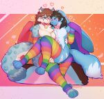 2025 anthro arm_warmers armwear bell bell_collar black_hair blue_body blue_fur brown_hair clothing collar cuddling digital_drawing_(artwork) digital_media_(artwork) duo felid femboy fur fur_markings gynomorph hair heart_symbol intersex intersex/male lagomorph legwear leporid lgbt_pride long_hair male mammal markings nonbinary_(lore) on_lap pantherine pride_color_clothing pride_colors rabbit rabbityohare_(character) rainbow rhewlif simple_background sitting sitting_on_lap snow_leopard stockings trans_(lore)
