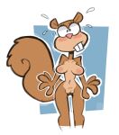 2025 absurd_res anthro astrovert blush bodily_fluids breasts brown_body brown_fur buckteeth female fur genitals hi_res mammal nervous nervous_sweat nickelodeon nipples nude nude_female pink_nipples rodent sandy_cheeks sciurid shocked spongebob_squarepants sweat teeth tree_squirrel vulva