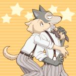  anthro beastars bird_dog black_nose bottomwear canid canine canis claws clothed clothing domestic_dog duo fully_clothed fur grey_body grey_fur hug hugging_from_behind hunting_dog jack_(beastars) labrador legosi_(beastars) looking_at_another mammal pants pattern_background renzenzen retriever shirt simple_background striped_background tan_body tan_fur topwear wolf yellow_background 
