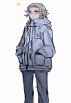 1boy aotsuki_eito black_gloves bug butterfly closed_mouth drawstring eyelashes feet_out_of_frame frown glasses gloves grey_hair hands_in_pockets highres jacket long_sleeves looking_up male_focus okdswts pants purple_eyes short_hair simple_background solo the_hundred_line_-last_defense_academy- white_background white_jacket white_pants 