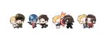  2boys animification assault_rifle back belt black_bodysuit black_boots black_gloves black_shoes blonde_hair blue_bodysuit blue_eyes blue_jacket blue_pants blue_shirt bodysuit boots breast_pocket brown_belt brown_boots brown_gloves brown_hair brown_jacket brown_pants bucky_barnes captain_america captain_america:_civil_war captain_america:_the_first_avenger captain_america:_the_winter_soldier captain_america_(series) chibi chibi_only closed_eyes closed_mouth commentary_request evolution facial_hair fingerless_gloves full_body gloves green_hat green_jacket green_necktie green_pants green_shirt grey_pants gun hand_in_pocket hat helmet highres holding holding_gun holding_hands holding_shield holding_sketchbook holding_weapon hood hoodie jacket korean_commentary lapels long_sleeves makajinjin male_focus marvel marvel_cinematic_universe military_hat military_jacket military_uniform multiple_boys multiple_persona multiple_views necktie open_clothes open_jacket package pants pocket prosthesis prosthetic_arm red_hoodie rifle shield shirt shoes short_hair single_glove sketchbook smile standing star_(symbol) steve_rogers superhero_costume t-shirt teeth v-shaped_eyebrows walking weapon white_pants white_shirt winter_soldier 