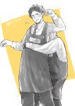  1boy 1girl apron blush collared_shirt doug_(youchien_wars) highres hug hug_from_behind long_bangs long_sleeves mole mole_under_eye name_tag necktie non_ni_1111 rita_(youchien_wars) shirt twitter_username two-tone_background youchien_wars 