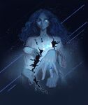  1girl absurdres blue_eyes blue_hair blue_skin colored_skin cracked_skin curtained_hair doll_joints elden_ring extra_arms full_body great_rune_(elden_ring) highres jewelry joints long_hair moon one_eye_closed outstretched_hand parted_bangs ranni_the_witch ring solo star_(sky) tristanbrardart upper_body wavy_hair wedding_ring 