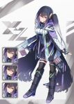  1girl black_gloves black_hair black_skirt black_thighhighs blush boots breasts closed_mouth fingerless_gloves frilled_skirt frills full_body gloves gradient_hair gun hair_between_eyes headset highres holding holding_gun holding_weapon jacket knee_boots long_hair long_sleeves looking_at_viewer medium_breasts multicolored_hair multiple_expressions multiple_views open_clothes open_jacket open_mouth original pleated_skirt purple_eyes shirt side_ponytail skirt smile solo standing thighhighs thighhighs_under_boots tooto_(ryuto333) twintails v-shaped_eyebrows very_long_hair weapon white_shirt 