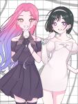  2girls alien_stage asymmetrical_gloves bi_(user_awyv4835) black_dress black_gloves black_hair black_thighhighs blue_hair bob_cut bow chest_bow clothing_cutout commentary dress dress_bow earrings elbow_gloves english_commentary gloves gradient_hair grid_background hairband half_gloves highres holding holding_microphone jewelry juliet_sleeves long_hair long_sleeves microphone mizi_(alien_stage) multicolored_hair multiple_girls off-shoulder_dress off_shoulder open_mouth pearl_earrings pencil_dress pink_hair puffy_sleeves purple_eyes short_dress shoulder_cutout single_elbow_glove single_half_glove smile sua_(alien_stage) thighhighs two-tone_hair uneven_gloves very_long_hair white_bow white_dress white_gloves white_hairband yellow_eyes 