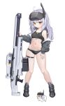  1girl absurdres black_jacket black_panties black_shoes black_sports_bra breasts chun_bae doro_(nikke) full_body goddess_of_victory:_nikke grey_hair highres jacket long_hair long_sleeves navel off_shoulder panties shoes skindentation small_breasts snow_white_(innocent_days)_(nikke) snow_white_(nikke) socks solo sports_bra thigh_strap underwear white_socks 
