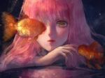 1girl absurdres arm_on_table bare_arms blue_background chinese_commentary commentary_request expressionless fish goldfish highres light_blush light_particles lipstick long_hair looking_at_another makeup nikki_(nikki) nikki_(series) one_eye_covered parted_lips pink_hair pink_lips ribbon sea0 shining_nikki solo upper_body yellow_ribbon 
