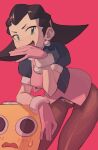  1girl absurdres arm_on_another&#039;s_head blush breasts brown_hair brown_pantyhose cropped_jacket crotch_plate earrings flipped_hair gloves green_eyes hair_pulled_back hair_slicked_back hairband hand_on_another&#039;s_head highres jewelry laughing long_hair looking_at_viewer medium_breasts mega_man_(series) mega_man_legends mega_man_legends_(series) open_mouth pantyhose piku184 pink_background pink_gloves pink_hairband puffy_short_sleeves puffy_sleeves robot servbot_(mega_man) short_sleeves simple_background skull_brooch skull_earrings tron_bonne_(mega_man) 